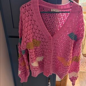 Women's Pink Crochet Cardigan Sweater